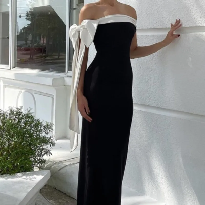 Big Bow Contrast Color Strapless Party Dresses Women's Vintage Off-Shoulder Long Tube Bodycon Dress For Evening Gown Vestidos