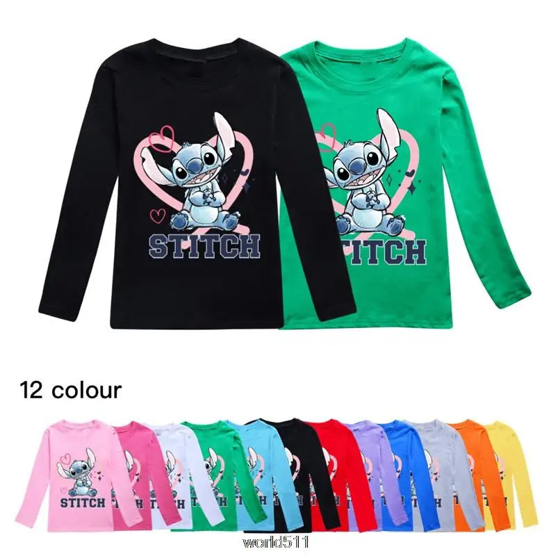 Disney Stitch Autumn Fashion Girls Long T-shirt Children Short Sleeves  Tees Baby Kids Cotton Tops For Girls Clothes 2-16Y Gift