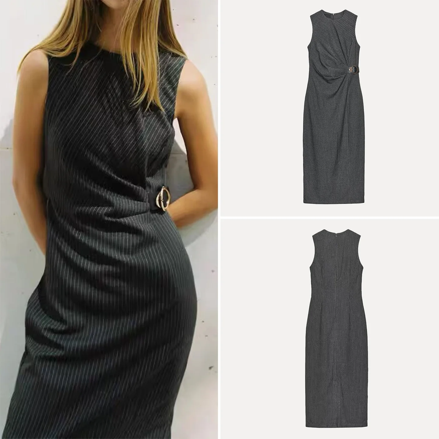 ファッショナブルなミディドレス Z レディース ノースリーブ ストライプデザイン バックルディテール カジュアルスタイル ラウンドネックライン 秋コレクション