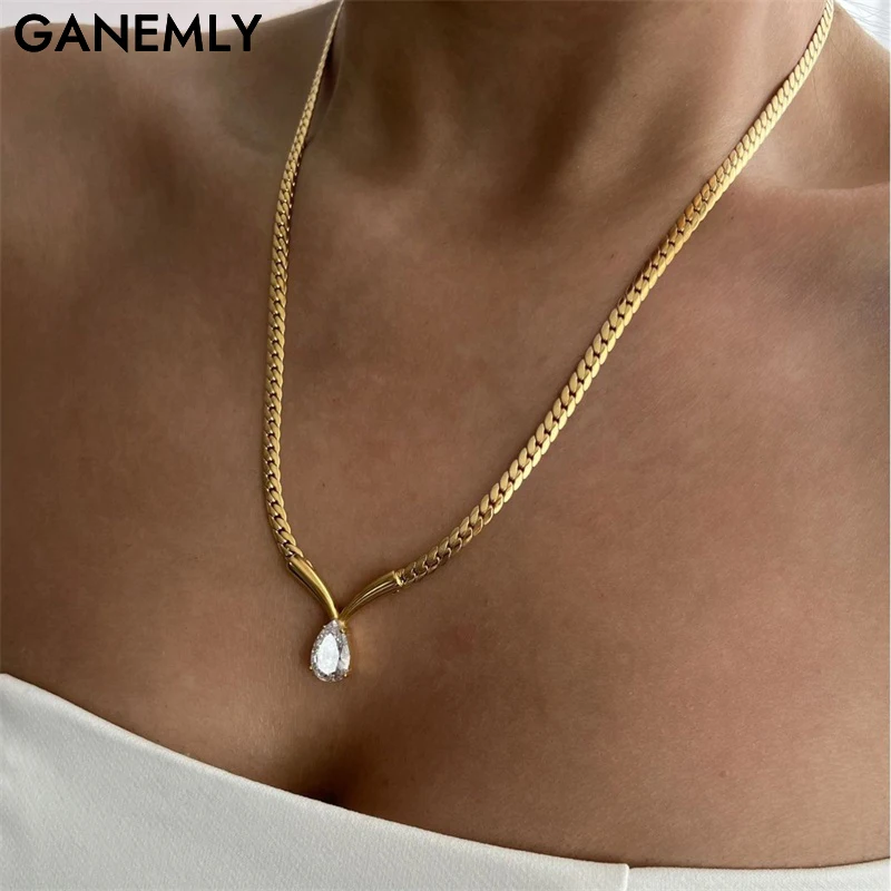 GANEMLY Sparkling Waterdrop Zircon Necklace Trendy Neck Chain Choker Collar Stainless Steel Waterproof Jewelry Gift For Women