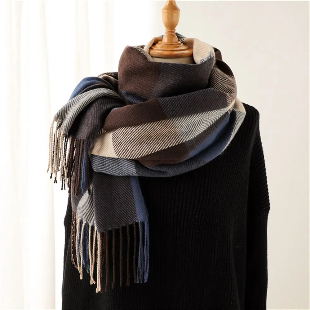 Fashion Winter Warm Tassel Plaid Scarfs Solid Cashmere Imitation Shawl Wrap Nordic Style Neckerchief for Women