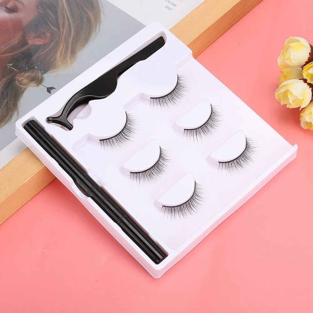 3 Pairs Fashion Magnetic False Eyelashes Waterproof Magnetic Eyeliner Pen Tweezers Portable Set Natural Eyelashes Makeup Set