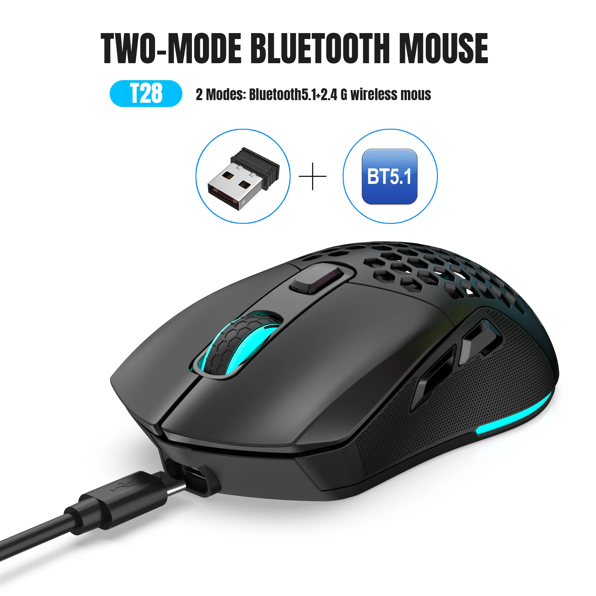 Rechargeable 2.4G+BT5.1 Dual Mode Wireless Mouse Ergonomics Replaceable Cover 4800DPI RGB Backlight Mouse for Computer Laptop