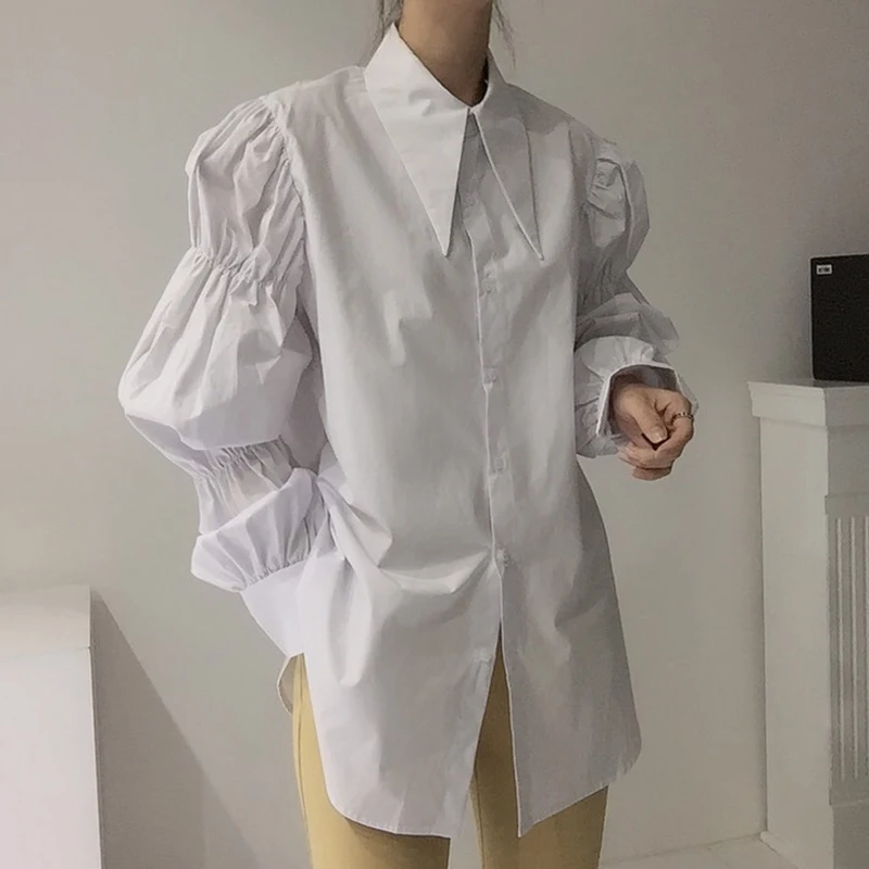 ريترو كورت Sle arp طوق تصميم زر واحد فضفاض مطوي فقاعة Sve irt المرأة الأعلى Faionable الكورية مستقيم...