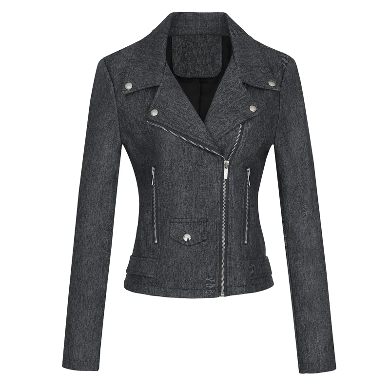 

Spring and Autumn Creative Denim Pattern Pu Material Leather Jacket Fashionable Women's Leather Jacket Leather Jacket