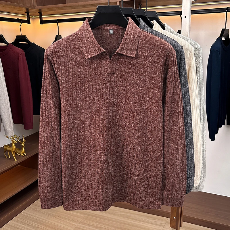 Herren-Pullover mit Polokragen und V-Ausschnitt, Strickpullover mit vertikaler Rippstruktur, langärmelig, weich, dehnbar, schmal geschnitten, Winter, Freizeit, Business, Herrenoberteile – Detail 15