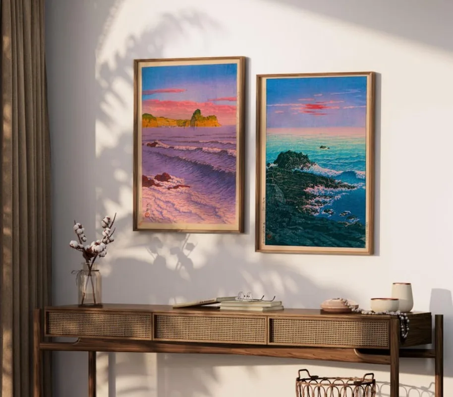 Japanese Ukiyo-e style seascape diptych canvas painting: Coastal sunset and ocean waves - living room/bedroom poster