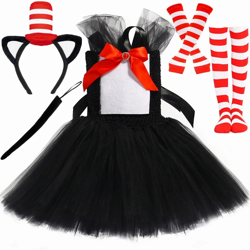 

Cat in The Hat Tutu Dress Costume for Girls Halloween Carnival Party Fancy Dress Up Clothes Outfit Black Cat Tulle Dresses