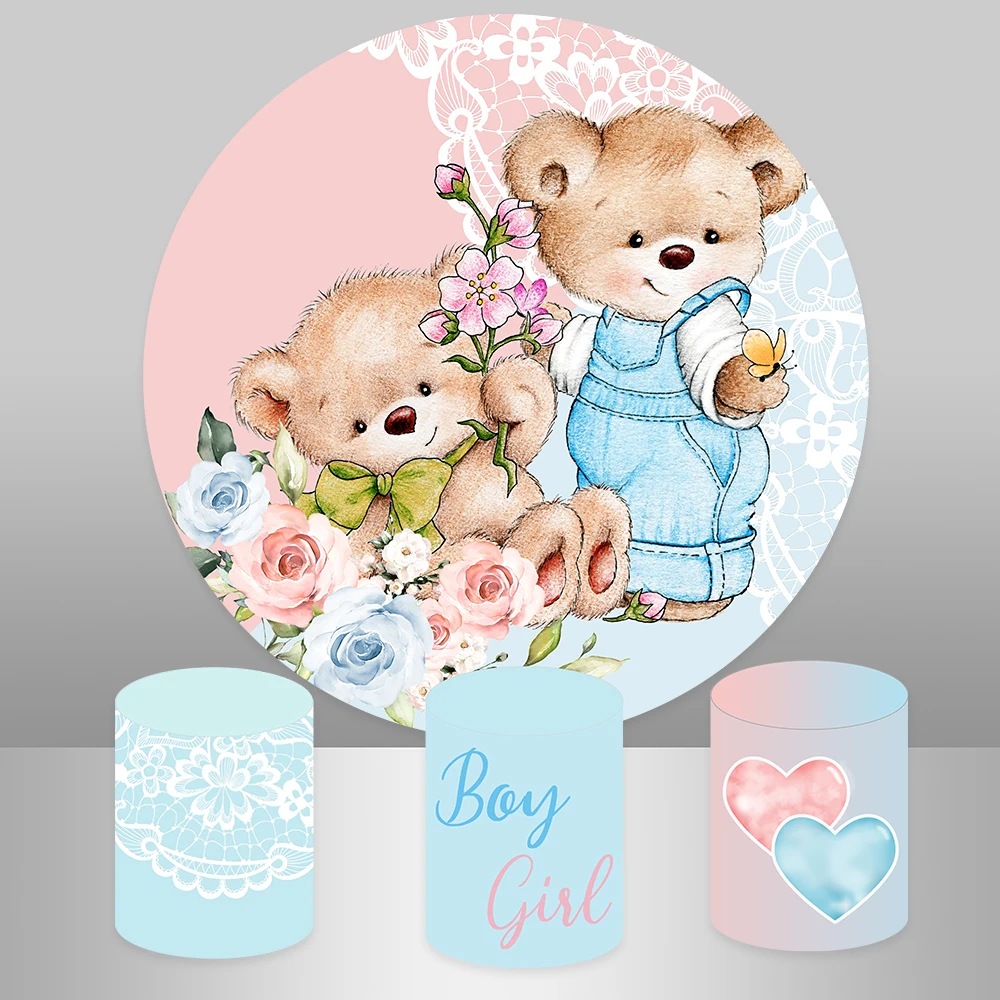 Baby Shower Gender Reveal Round Backdrop for Kids Circle Background Bear Boy or Girl Plinth Cylinder Cover Photo Studio