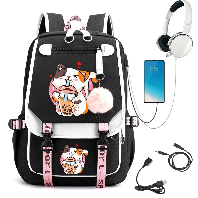 2024 New Nylon Women Backpack Korean Japanese Fashion Female Students Schoolbag Bubble Tea Funny Cat Anime Bookbag Travel Bags