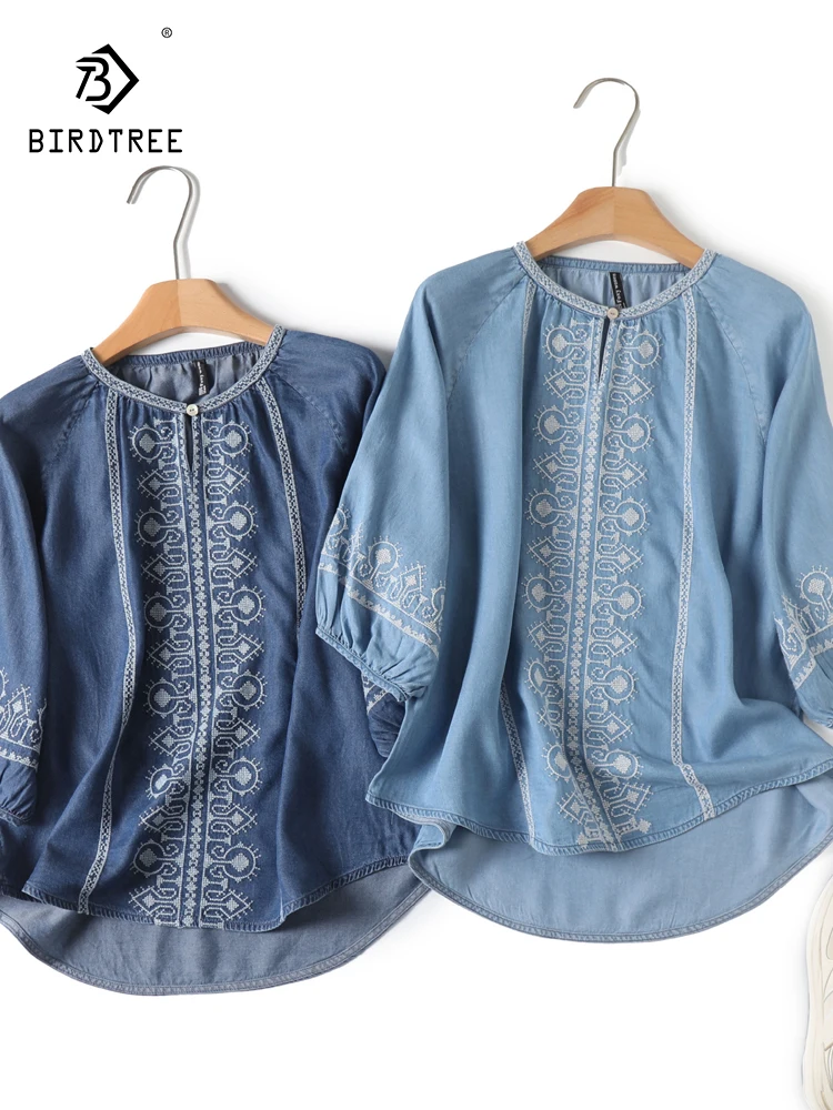 

New 2025 Autumn 3/4 Sleeve Tence Denim Shirt, Women O Neck Embroidery, Mori Girl Vintage Versatile Commute Loose Blouse T56117CC