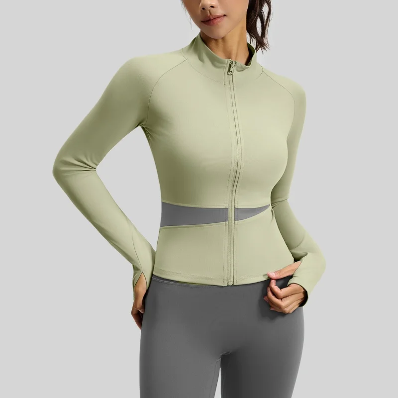 Women Sport Jacket Long Sleeve Shirt Workout Coat Gym Training Clothing Yoga Sportswear Colorblock Tops Slim Sunscreen Jacket