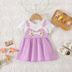 Summer Girls Dress and Baby Girl Fake Two Small Flower Printed Short Sleeves Two Three Dimensional Flower Strap Dress