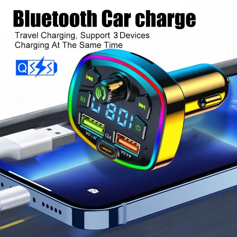 Transmisor FM con Bluetooth 5,0 para coche, encendedor de cigarrillos con luz ambiental colorida, PD, 18W, USB Dual tipo C, 4.2A, cargador rápido