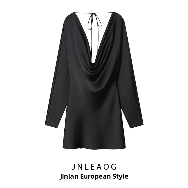 Ele seda satén sensación drapeado Collar Dr otoño nuevo Sle mujer Faion diseño tubo recto largo Sve Casual Dr