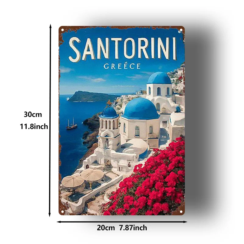 2D Flat, 1pc Santorini Greece Metal Wall Art Sign - White & Blue Greek Island Landscape with Iconic Dome Churches, Aegean Sea Cl