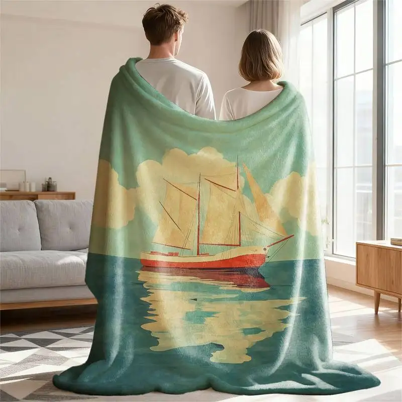 

Винтажный плед с изображением парусной лодки и морского пейзажа, мягкий уютный фланелевый плед для дивана, кровати, подарок для любителей прибрежной и морской тематики