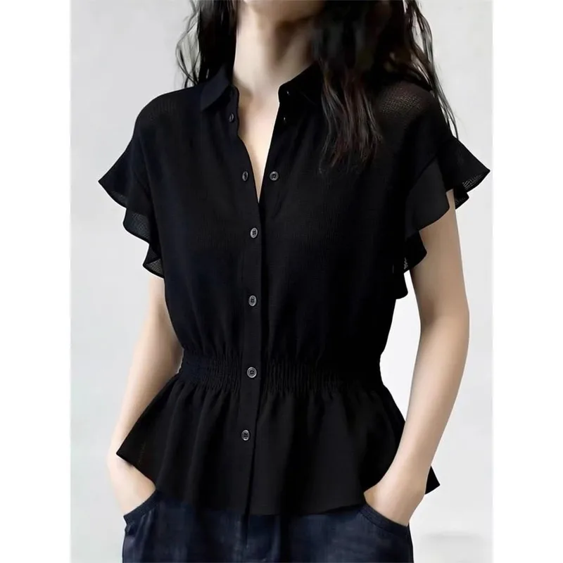 Women's French Black Ruffle Sleeve Blouse Summer Cinched Waist Slim Fit Elegant Casual Shirt Tops