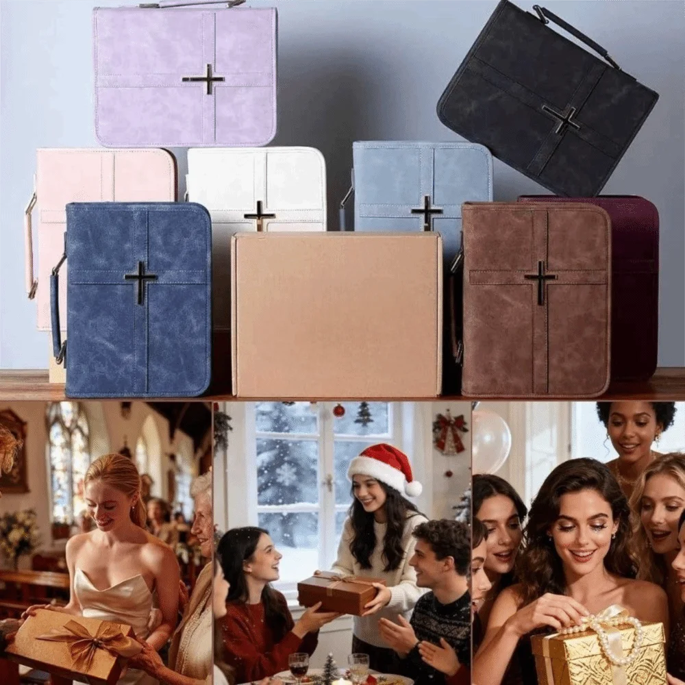 Cross-themed Vegan Leather Bible Cover with Phone Pocket Dust-proof PU Leather Bible Bag Zipper Closure Religious Style