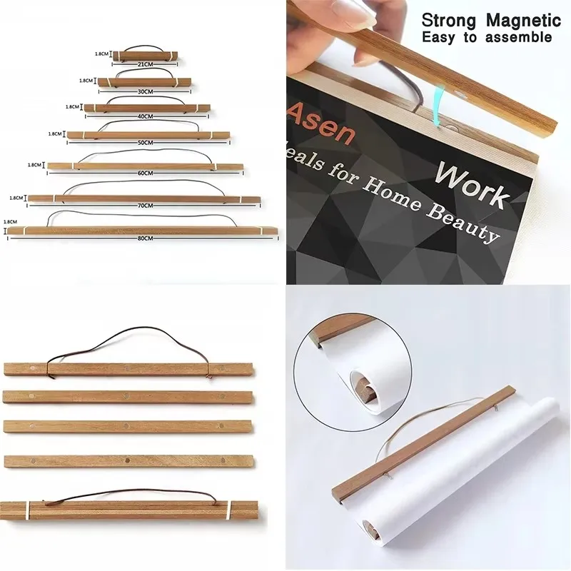 21-90cm Magnetic Wooden Picture Poster Hanger Frames Photos Wall Art Canvas Print Painting Teak Pine Wood Living Room Home Decor
