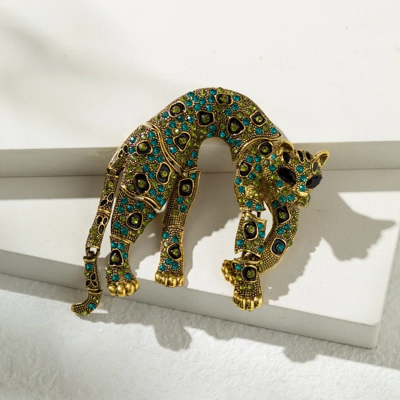 Fashion Money Cat Brooch Male Rhinestone Ancient Golden Leopard Animal Pin Suit Coat Collar Pin Accessories