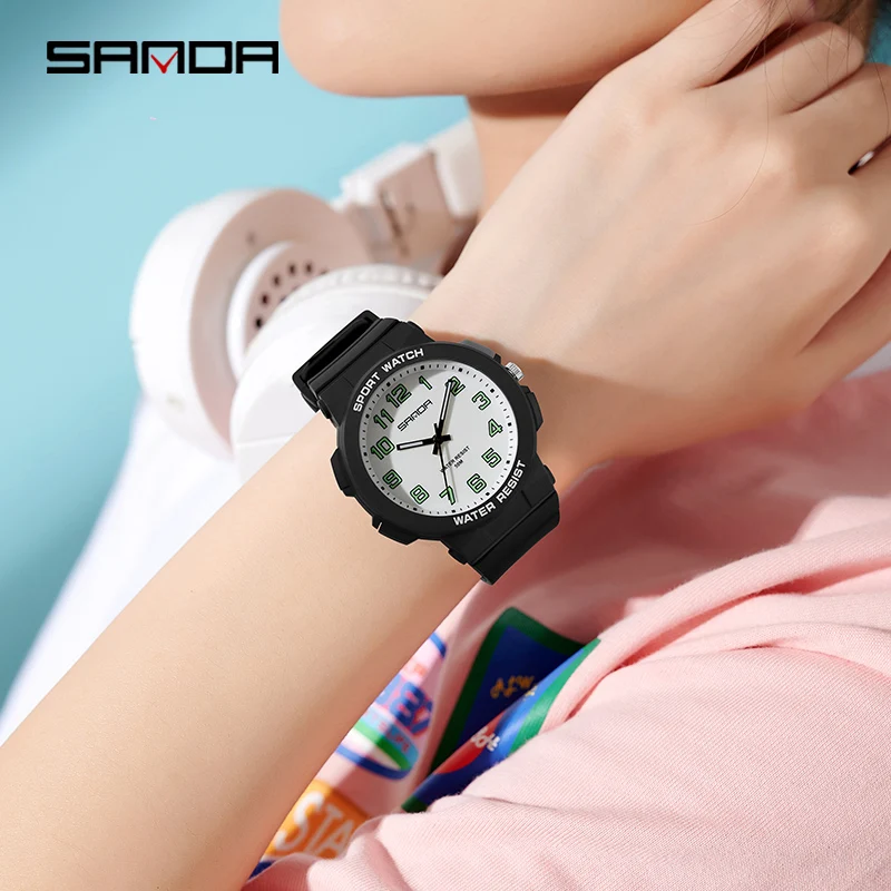 Sanda 6123 Trendy Design Soft Student Watch TPU Strap 50M Depth Waterproof Quartz Movement Children Fashion Sports Wrist Watch