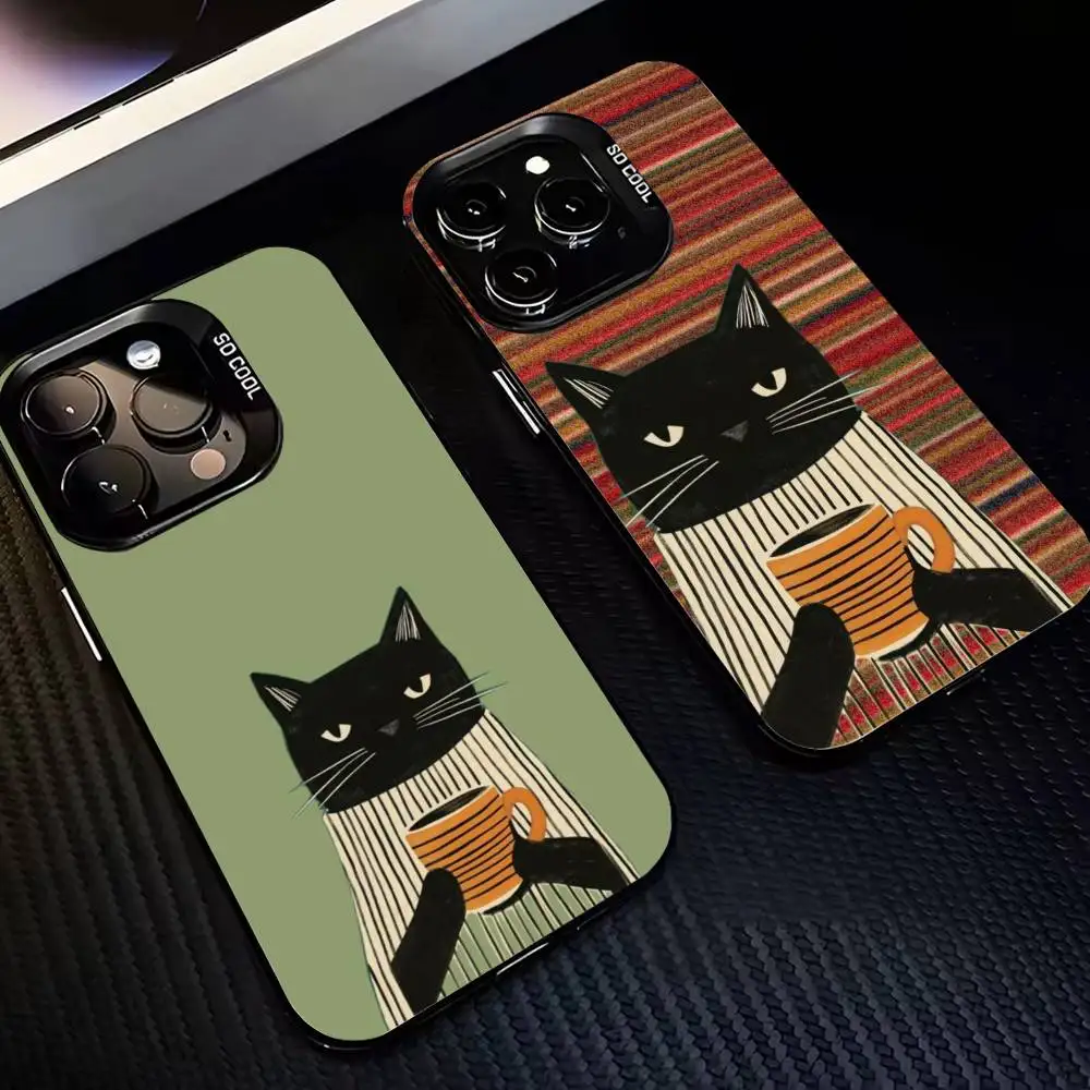 

C-Cute Coffee Cat Phone Case For iPhone17,16,15,14,13,12,11,Pro,MAX Gray Matte Silicone Black Cover