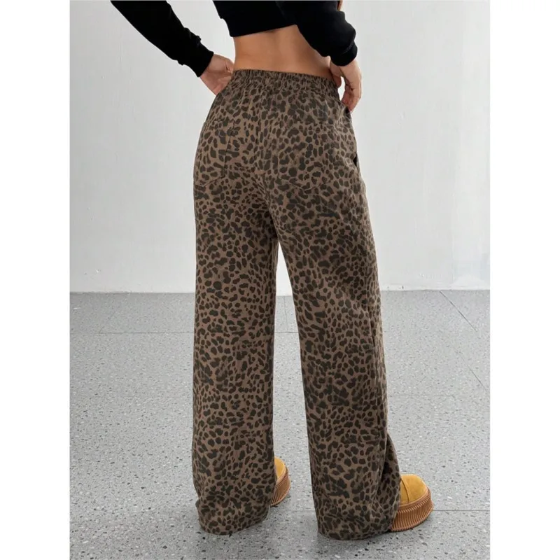 Leopard print casual pants for women, loose and wide leg versatile long pants