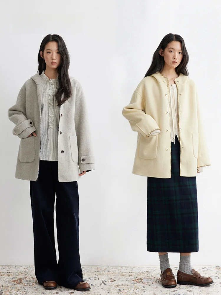 

Botanique Double-Sided Woolen Coat with Hood in Cr Color Korean Sle Commute Long Sve Thi Medium-Length Coat