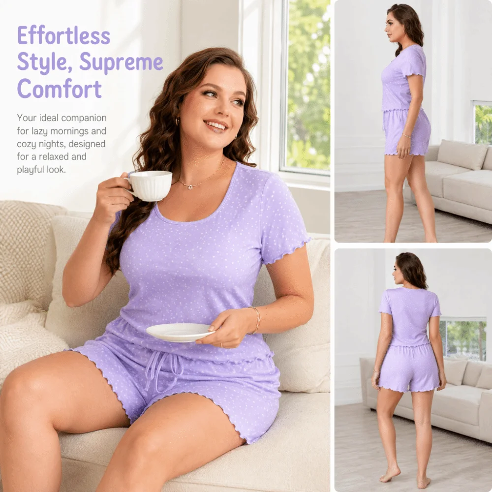 Polka Dot Women's Pajama Set Ruffle Trim Ultra Soft Printed Pajama Set T-shirt Top+Short Short Sleeve 2-Piece Loungewear Set