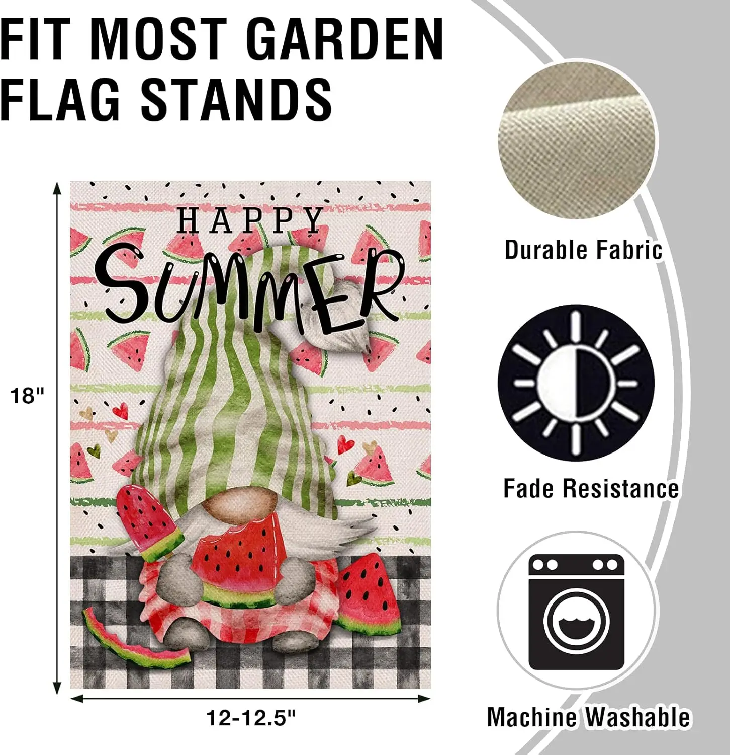 Artofy Happy Summer Gnome Decorative Garden Flag, House Yard Buffalo Plaid Check Decor Watermelon Outdoor Small Burlap Flag Doub