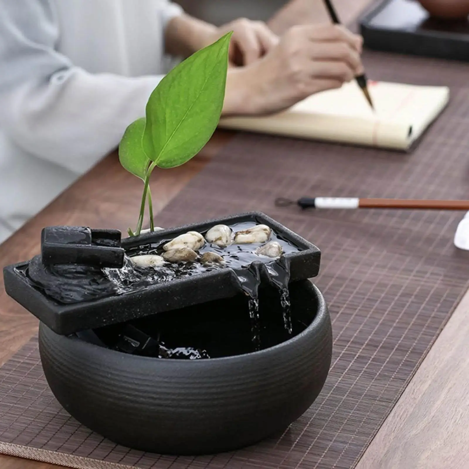 Relaxing Ceramic Zen Fountain for Tabletop Desk Indoor Waterfall with Backlight Water Feature for Home Office Meditation