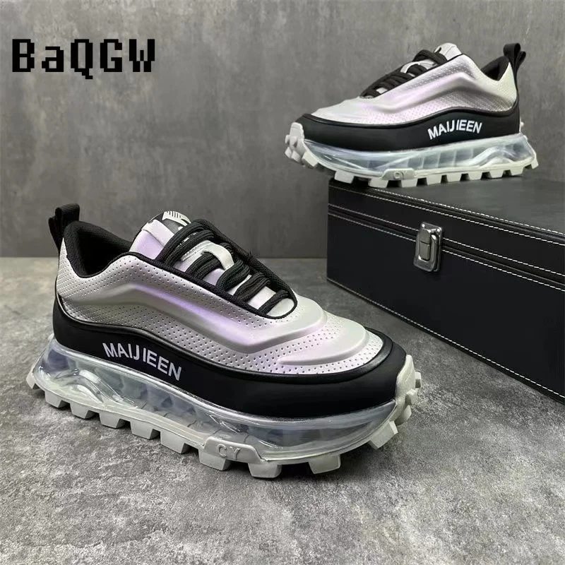 Laser Design Hoge Kwaliteit Mannen Dikke Zool Veters Casual Sport Hardloopschoenen Kleur Blok Luxe Ademende Dikke Sneakers