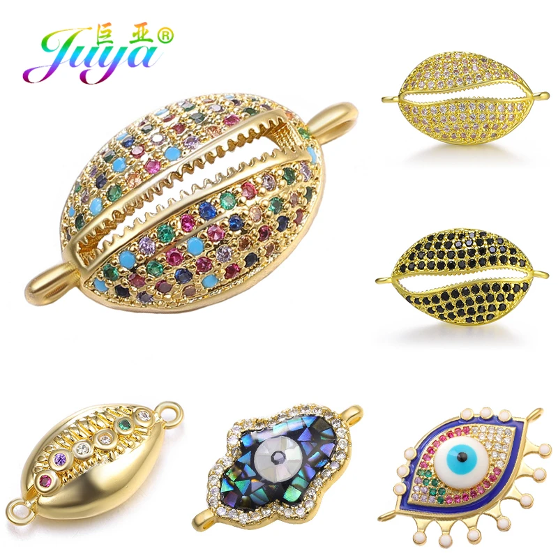 Juya 18K Gold Plated Micro Pave Zircon Hamsa Evil Eye Shell Cowrie Charm Connector For DIY Fashion Bracelets Earrings Making