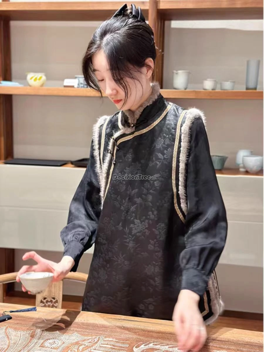 Retro new chinese national style Black jacquard buckle warm vest stand-up collar sleeveless jacket women loose tang suit vest