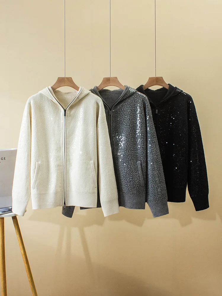 

Women's Cashmere Hooded Cardigan Autumn Winter Sequins Long Sleeve Solid Color Fashion Ladies Knitted Sweater