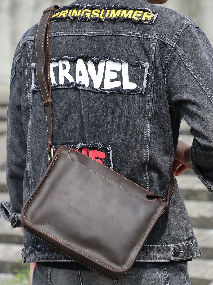 S.WORKER Vintage Echtleder Herren 11" Messenger Bag Umhängetasche Crazy Horse Rindsleder Schultertasche Top-Layer Mode – Detail 6