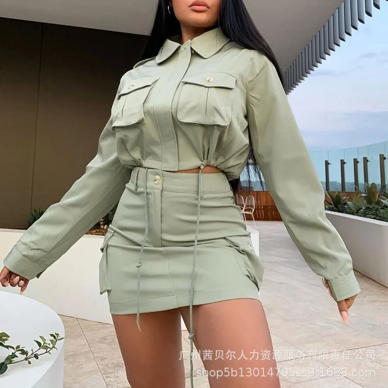 

Women 2pcs Clothes Set Long Sleeve Pockets Top High Waist Mini Skirt Cargo Safari Summer Spring Clothing Suit Solid Color