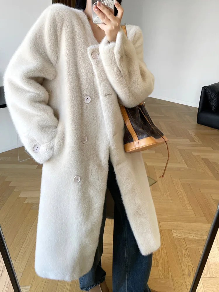 BZVW Korean Imitation Mink Fur Coat Women\'s O-neck Double Breasted Solid Color Mid Length Coats 2024 Autumn Winter New 25A8890