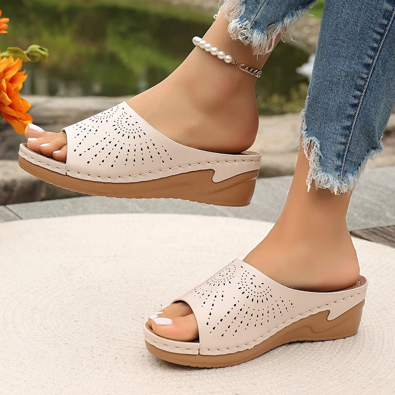 Plus Size Hollow Wedge Sandals Women Premium Orthopedic Open Toe Slippers Woman 2024 Summer Lightweight Platform Slides Shoes