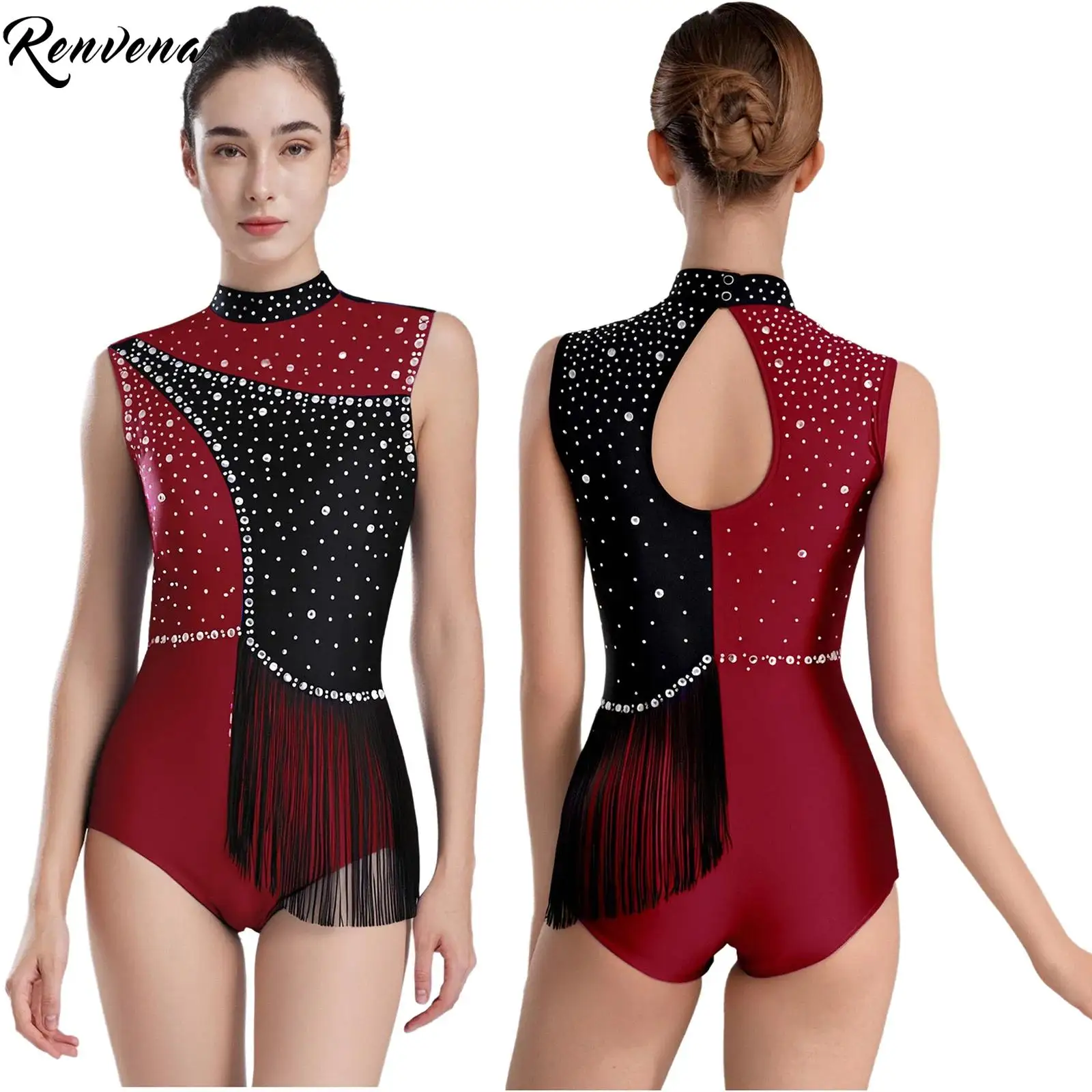 Body da pattinaggio di figura scavato sul retro da donna Strass scintillanti Body da ginnastica Nappa in vita Tuta Performance di balletto