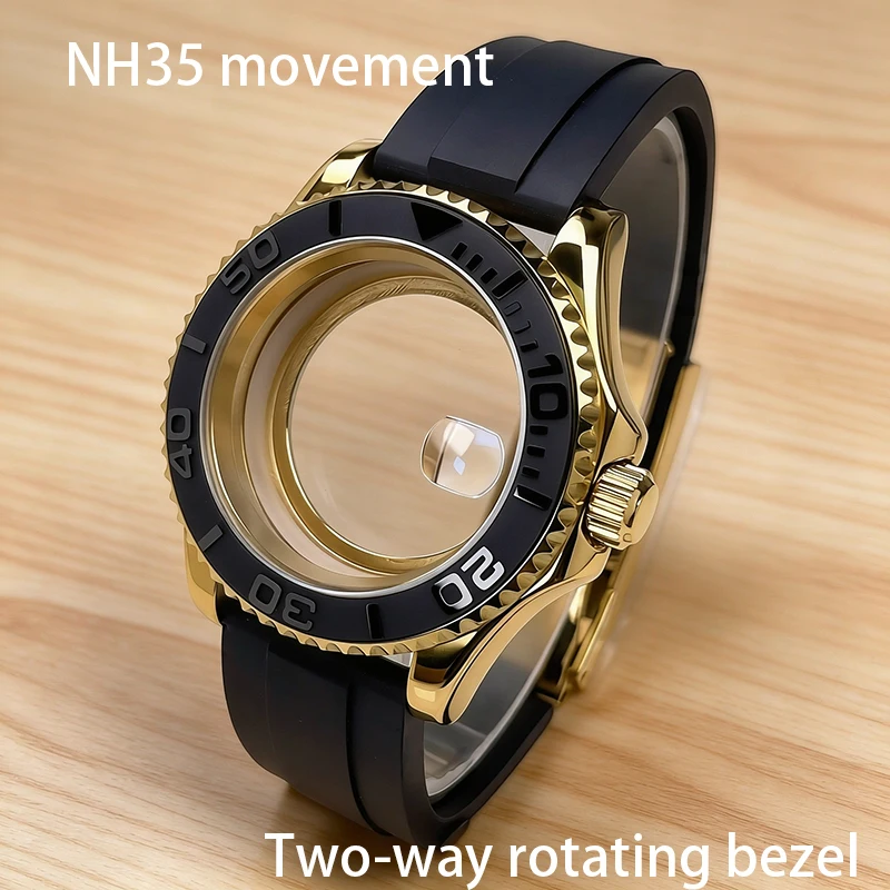 40mm YM NH35 Case Full Gold Two-Way Rotating Bezel Sapphire Glass Fit NH35 Movement 28.5mm Dial Rubber Strap Watch Mod Parts