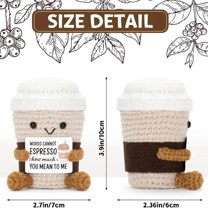 Funny Handmade Crochet Coffee Mug Plush Doll Emotional Support Positive Card Cute Desktop Ornament Home Holiday Cheer Up Gift