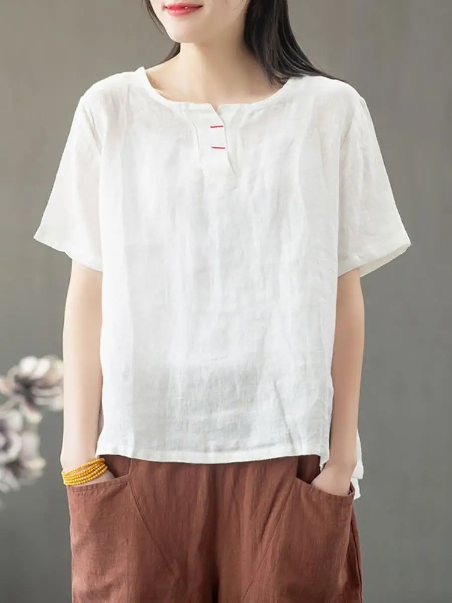 High-End Cotton Linen Short Sleeve Women's Shirt Summer New Loose plus Size T-Shirt Cotton Containing Meat Conceal Thin Small...