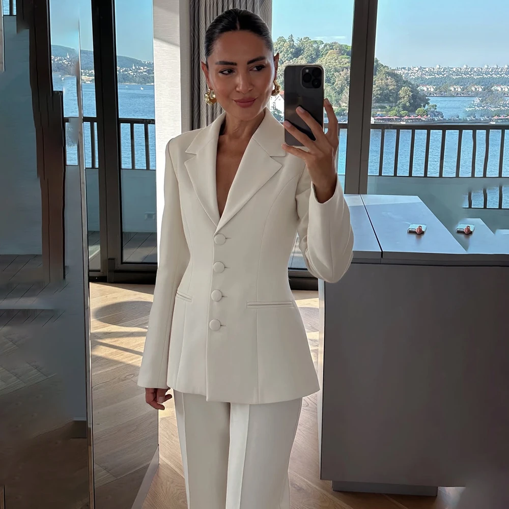 

Белые женские костюмы, модные однобортные облегающие костюмы с лацканами, куртка из 2 предметов, брюки, элегантная женская одежда, костюм