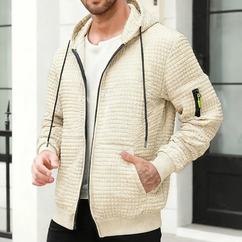 Men's Waffle Checkered Sports Zip Up Jacket with Kangaroo Pocket Autumn Winter Warm Hooded Sweatshirt Coat with Zipper Pocket