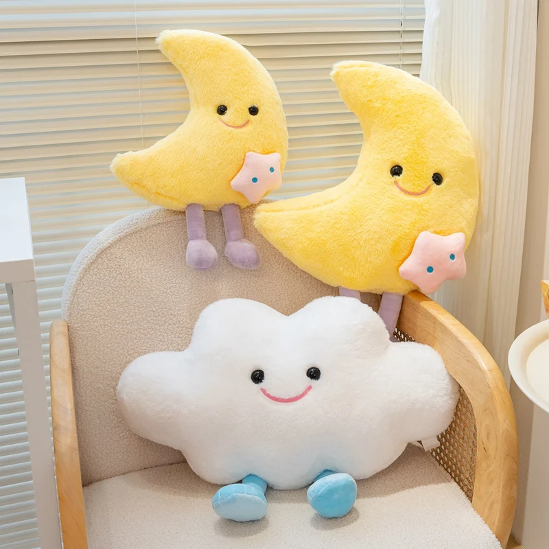 

Kawaii Laugh Face Yellow Moon White Clouds Plushie Stuffed Cute Cartoon Weather Plush Toy For Kid Bedroom Decor Throw Pillow