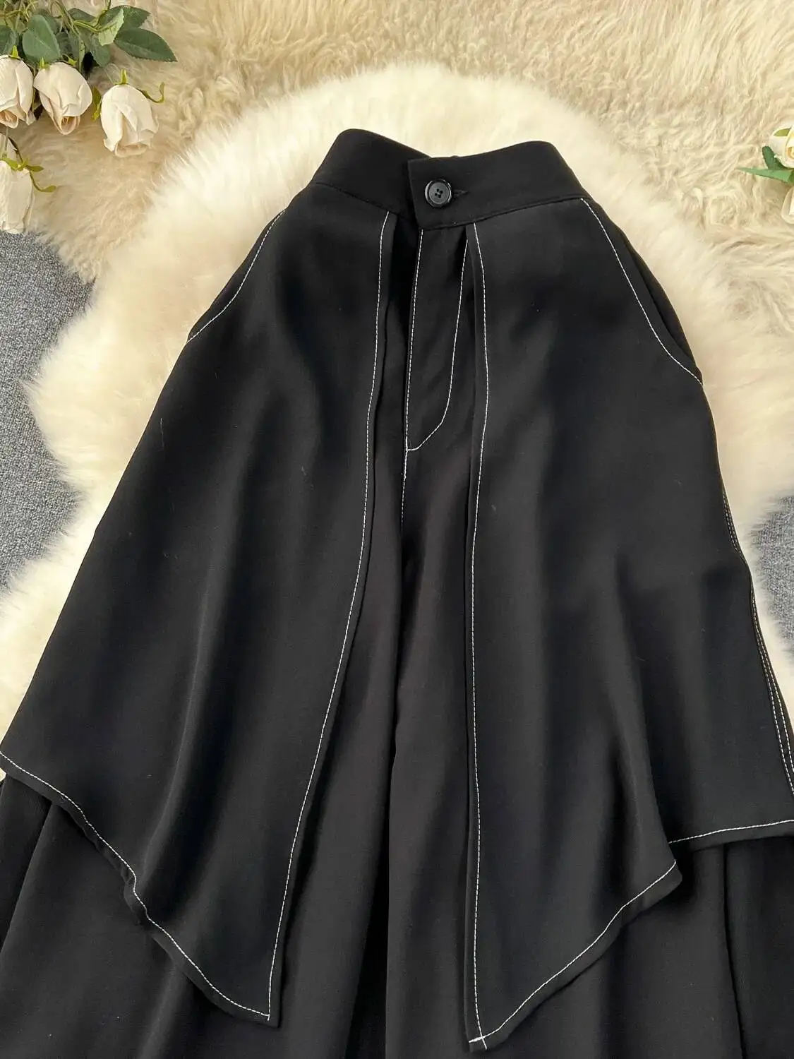 Pantaloni da donna finti in due pezzi Primavera Autunno Pantaloni larghi neri a vita alta larghi Pantaloni casual streetwear vintage femminili