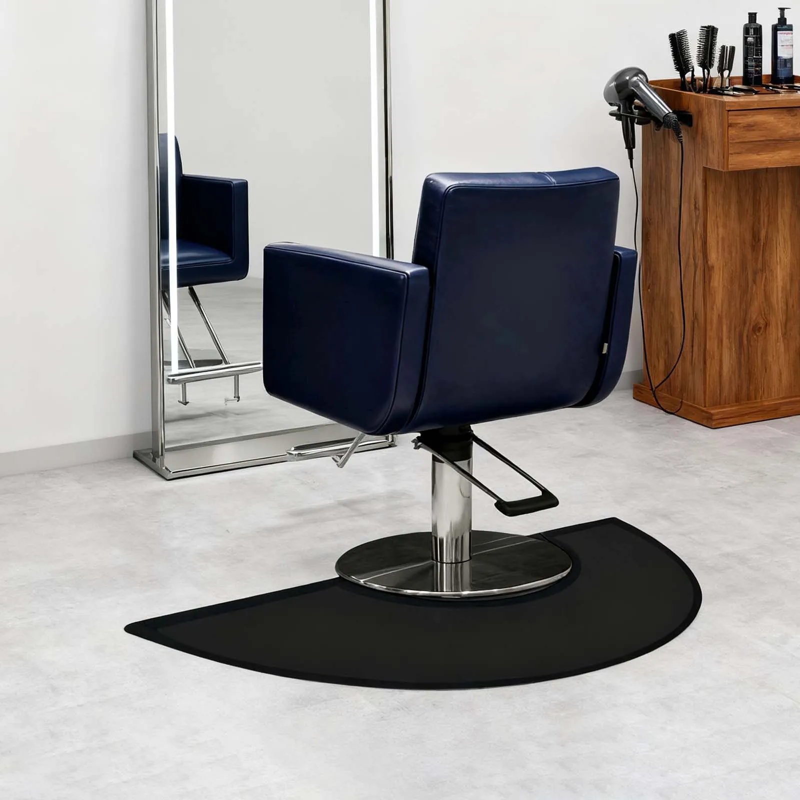 Tapis de sol de salon 3 pieds x 5 pieds, tapis semi-circulaire pour chaise de barbier, épaisseur 18 mm, surface hydrofuge, bord biseauté, pour chaise de barbier, salon à domicile (noir)