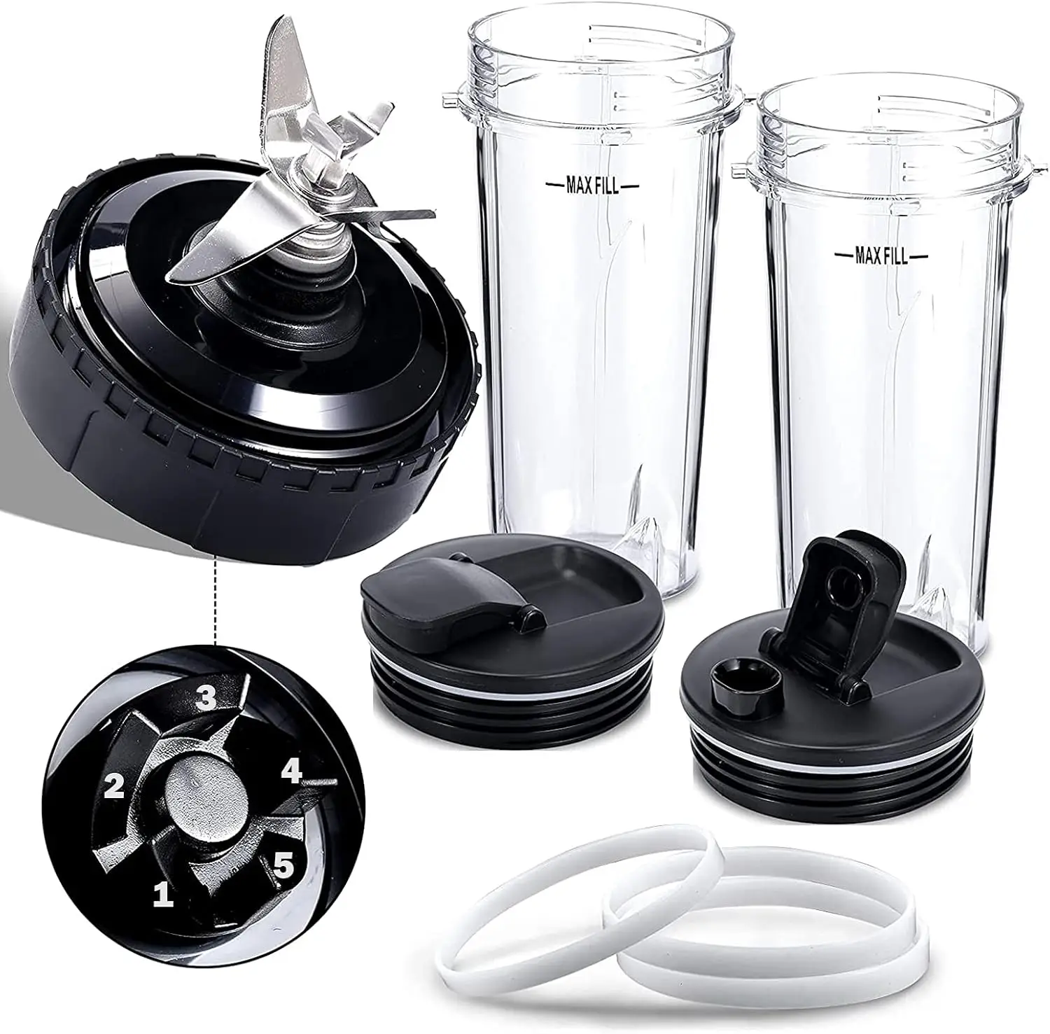 

Blender Replacement Parts Compatible With Nutri Ninja, 5 Fins Extractor Blade, 2×16Oz Cups With To-Go Lids, 3×Rubber Gasket